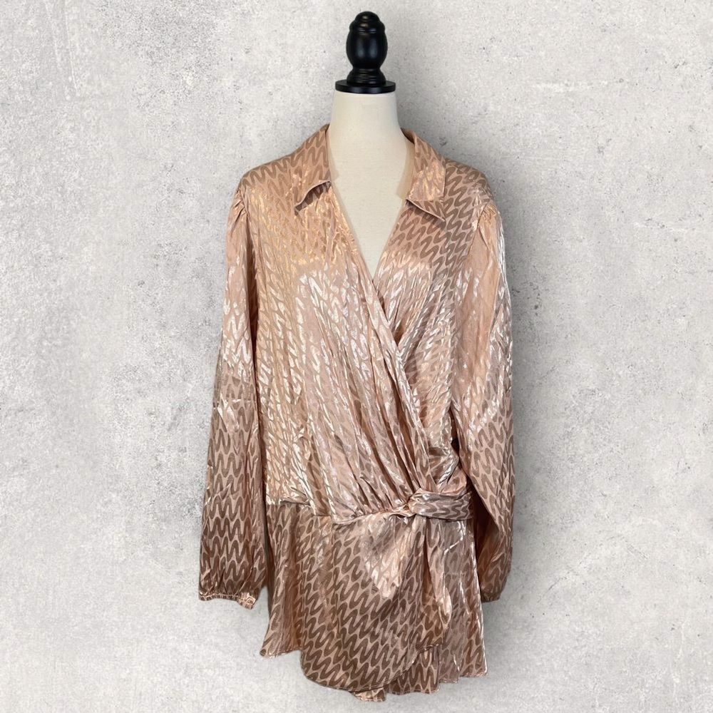 ASOS River Island Faux Wrap Top Pink Champagne Print, Size 22